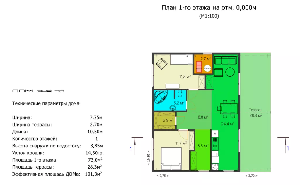 План помещений одноэтажного шале с террасой ЭНА 70 без мезонина